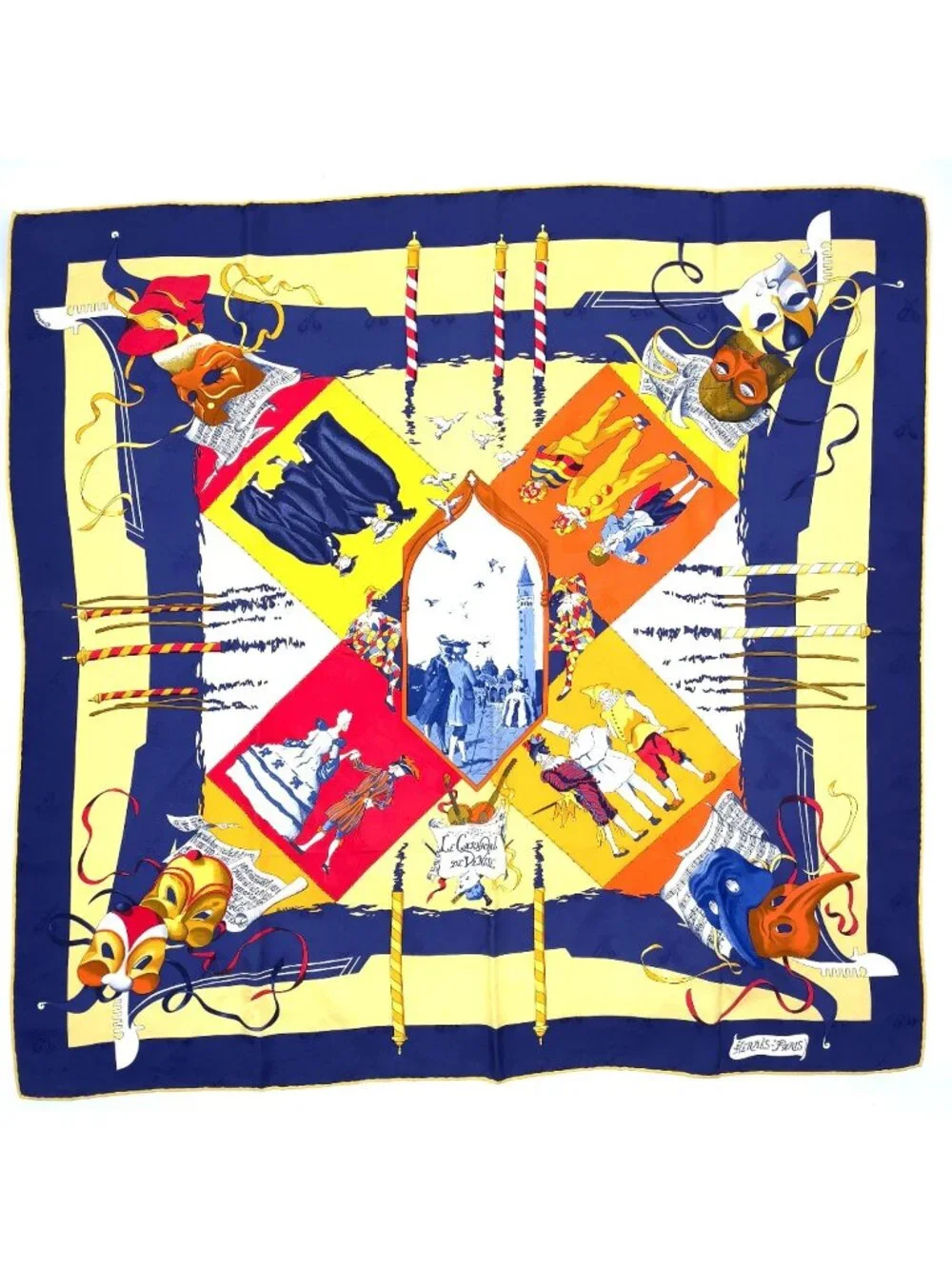 Hermes Carre 90 le Carnaval de Venise Silk Yellow Navy Red Scarf